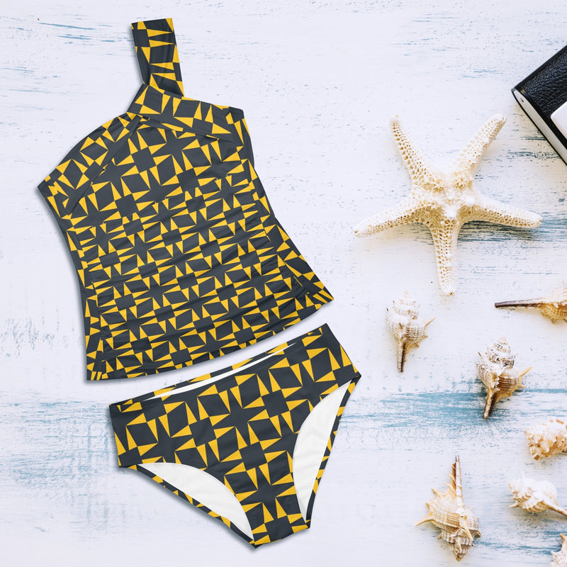 squ tri print Women's One Shoulder Backless Swimsuit (Model S44) - Objet D'Art