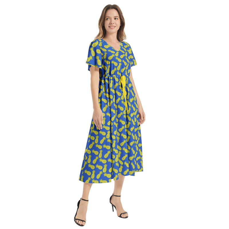 Flutter Sleeve Drawstring Waist Flared Dress - Objet D'Art
