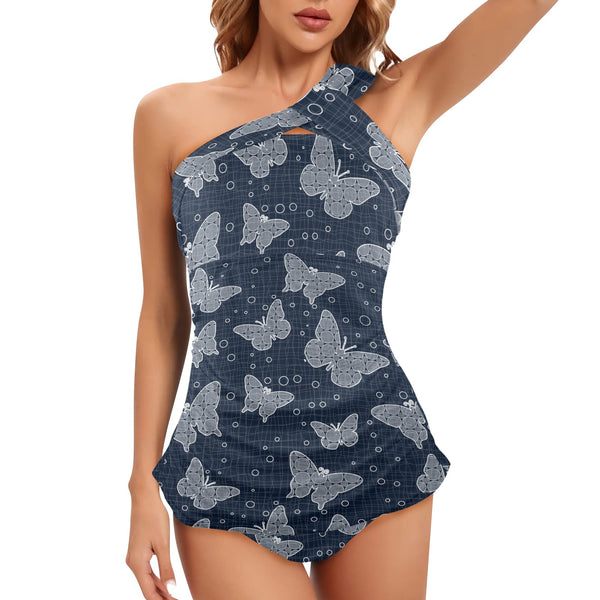 butterfly bubbles imagination print Women's One Shoulder Backless Swimsuit (Model S44) - Objet D'Art