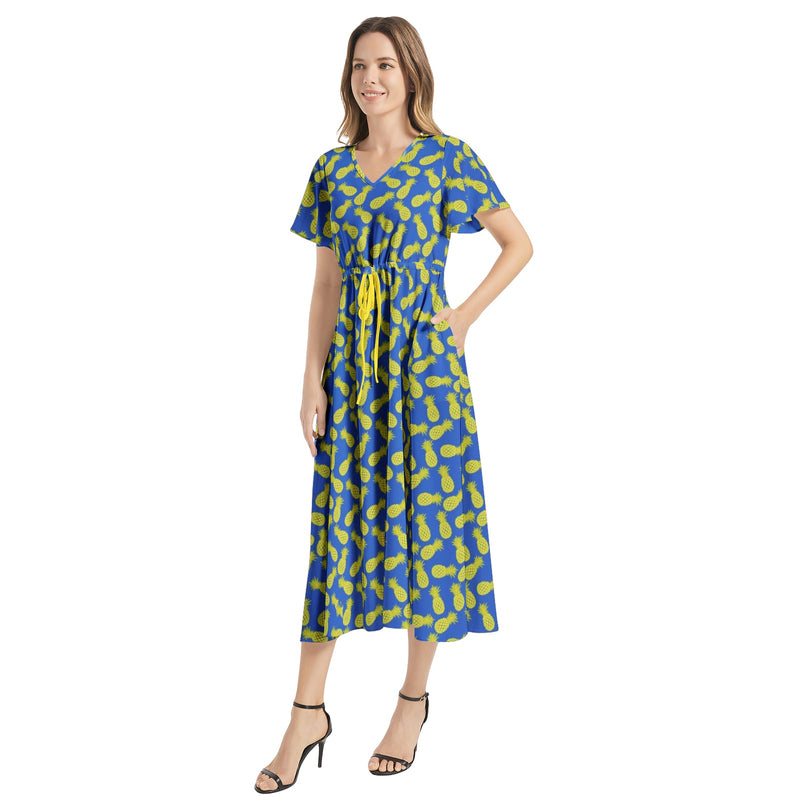Flutter Sleeve Drawstring Waist Flared Dress - Objet D'Art