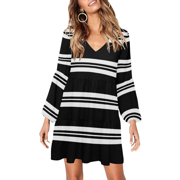 DOUBLE STRIPED PRINT 2 V-Neck Loose Fit Dress (Model D62) - Objet D'Art