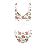 red pink white floral rose print 2 Cross String Bikini Set (Model S29) - Objet D'Art