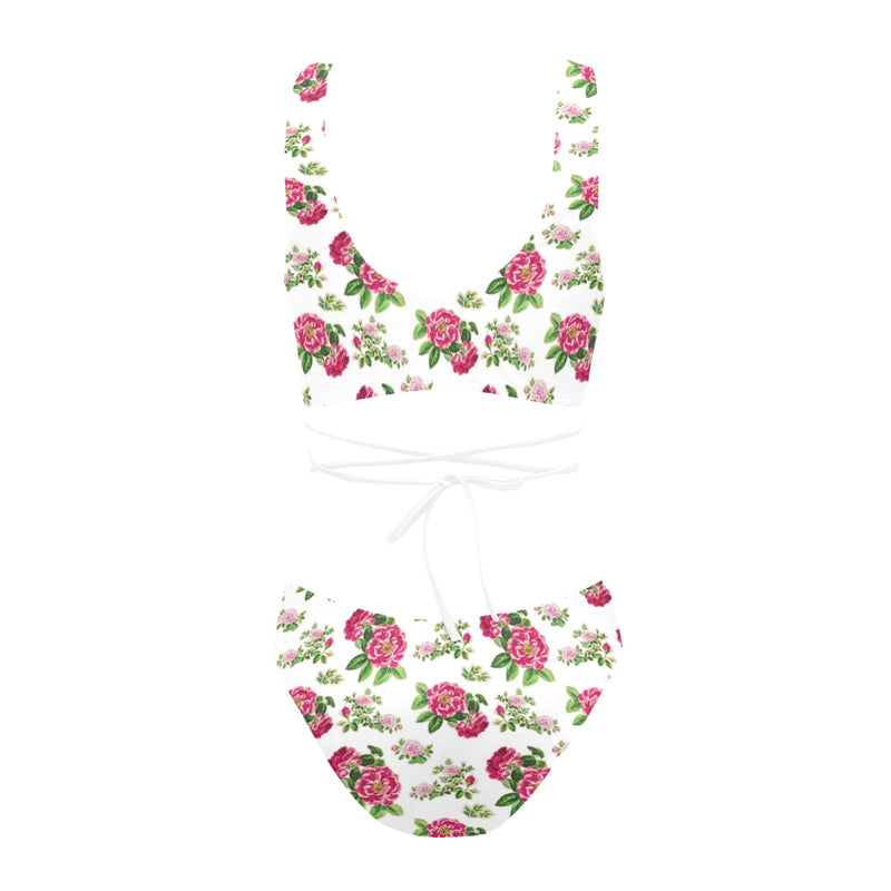 red pink white floral rose print 2 Cross String Bikini Set (Model S29) - Objet D'Art