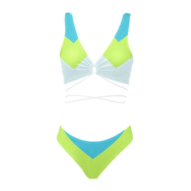 v striped neon green blue white print 5 Cross String Bikini Set (Model S29) - Objet D'Art