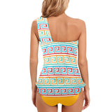 saffron print solid 2 Women's One Shoulder Backless Swimsuit (Model S44) - Objet D'Art