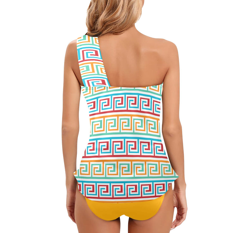saffron print solid 2 Women's One Shoulder Backless Swimsuit (Model S44) - Objet D'Art