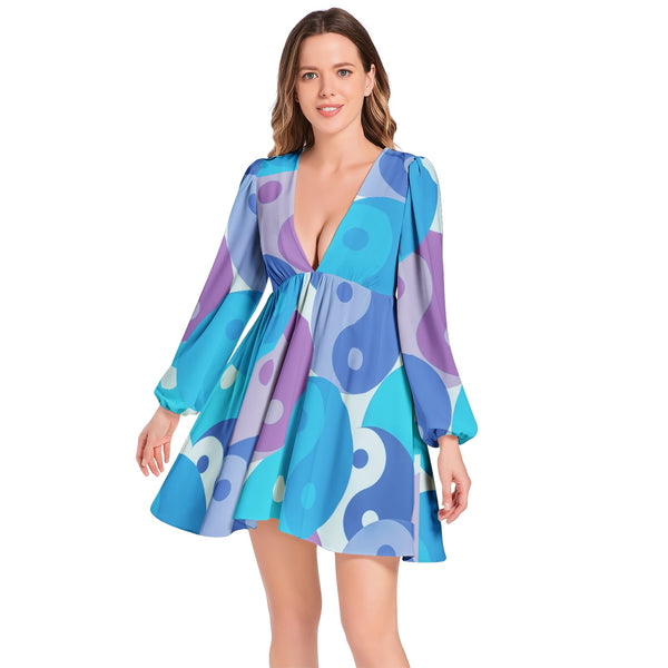 Lantern Sleeve Deep V-Neck Short Dress - Objet D'Art