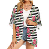 thin bw stripes roses red print 2 Women's Kimono Chiffon Cover Up (Model H51) - Objet D'Art
