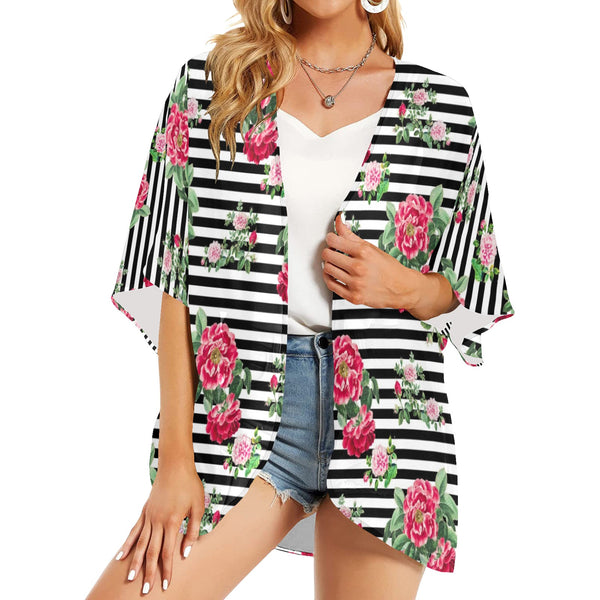 thin bw stripes roses red print 2 Women's Kimono Chiffon Cover Up (Model H51) - Objet D'Art