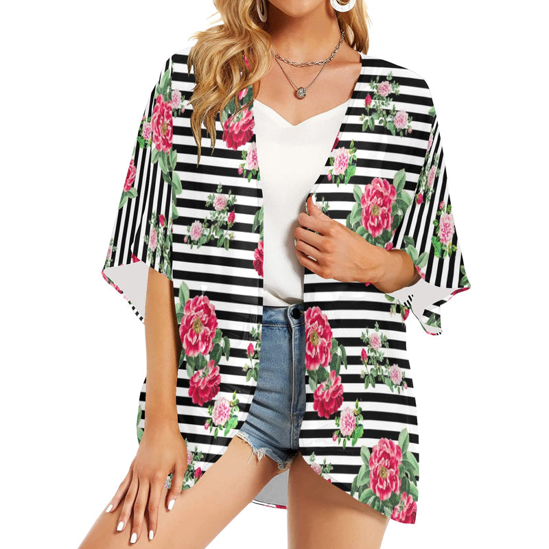 thin bw stripes roses red print 2 Women's Kimono Chiffon Cover Up (Model H51) - Objet D'Art