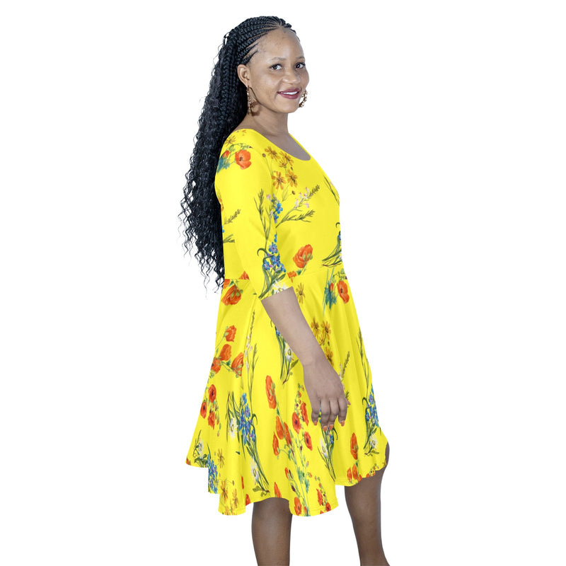 yelllow wildflowr africa Half Sleeve Skater Dress (Model D61) - Objet D'Art