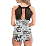 love print bw 2 Women's High Neck Plunge Mesh Ruched Swimsuit (S43) - Objet D'Art