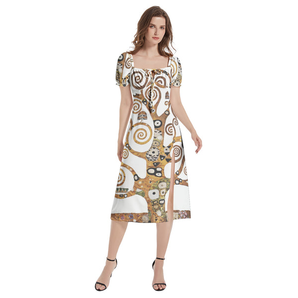 Tree of Life Klimt Puff Sleeve Split Thigh Midi Dress - Objet D'Art
