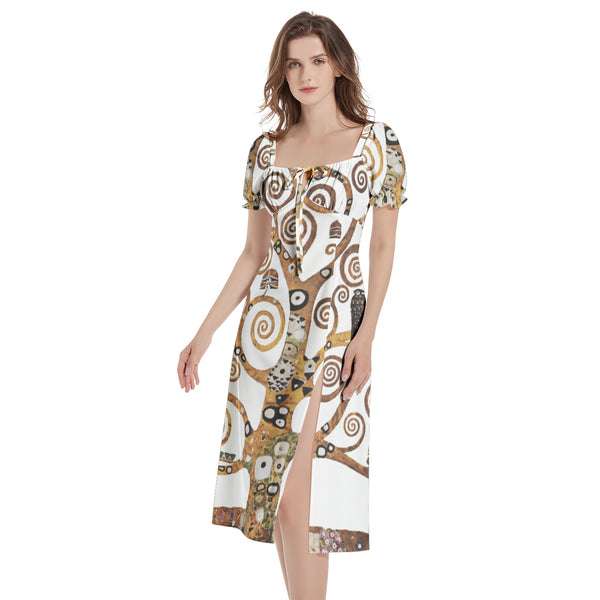 Tree of Life Klimt Puff Sleeve Split Thigh Midi Dress - Objet D'Art