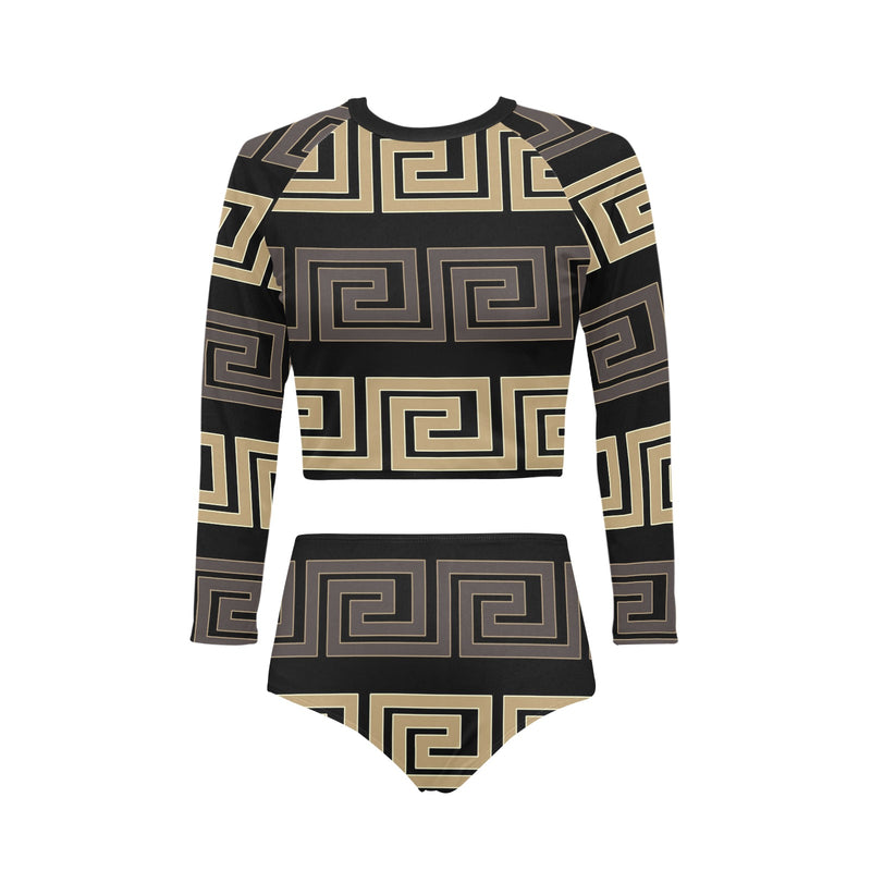 brown beige greek key print 10A Long Sleeve Bikini Set (Model S27) - Objet D'Art