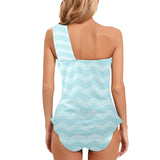 greek key chevron light blue print 2 Women's One Shoulder Backless Swimsuit (Model S44) - Objet D'Art