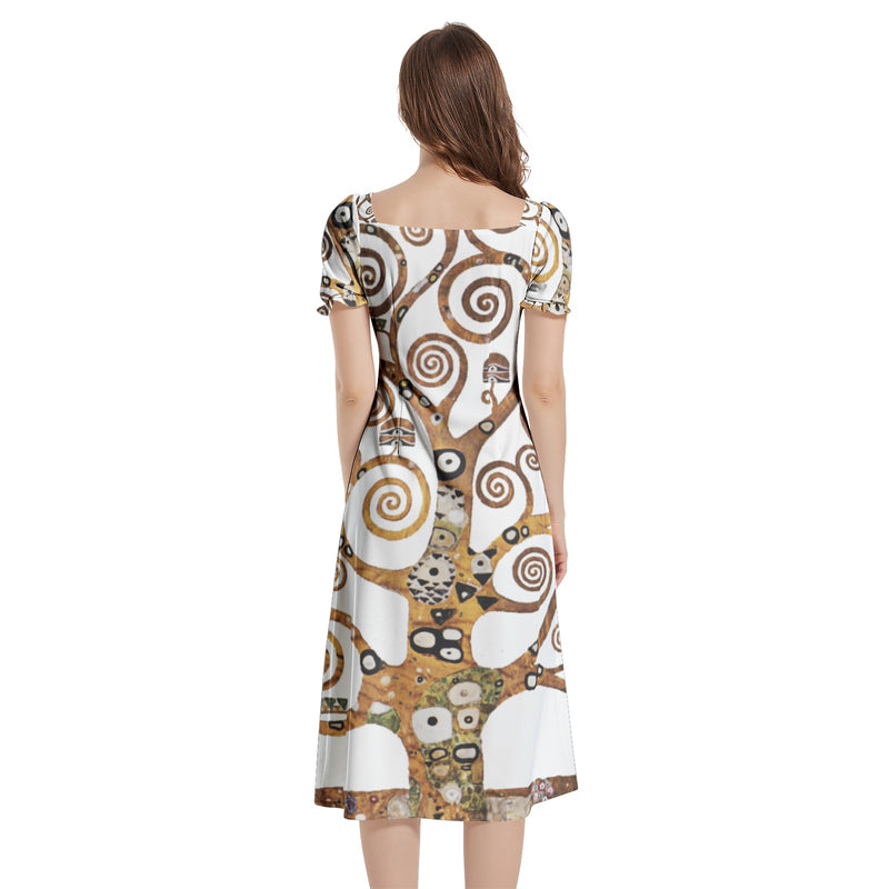 Tree of Life Klimt Puff Sleeve Split Thigh Midi Dress - Objet D'Art