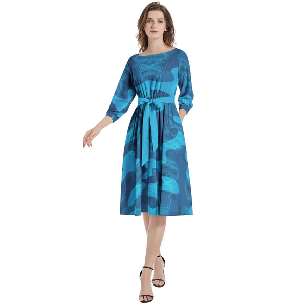 Boat Neck Belted Flared Dress - Objet D'Art