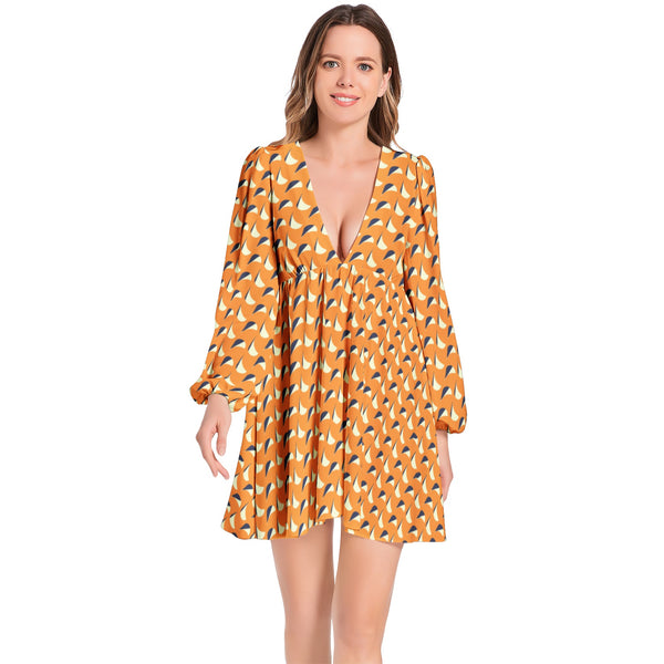 Lantern Sleeve Deep V-Neck Short Dress - Objet D'Art