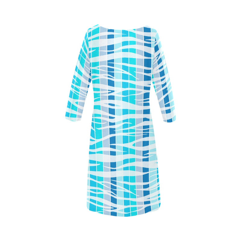 blue wave tiger stiped print 5B Rhea Loose Round Neck Dress(Model D22) - Objet D'Art