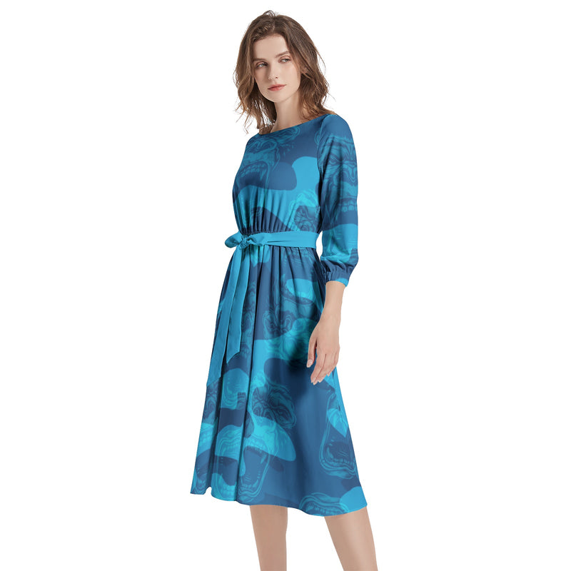 Boat Neck Belted Flared Dress - Objet D'Art