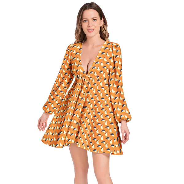 Lantern Sleeve Deep V-Neck Short Dress - Objet D'Art