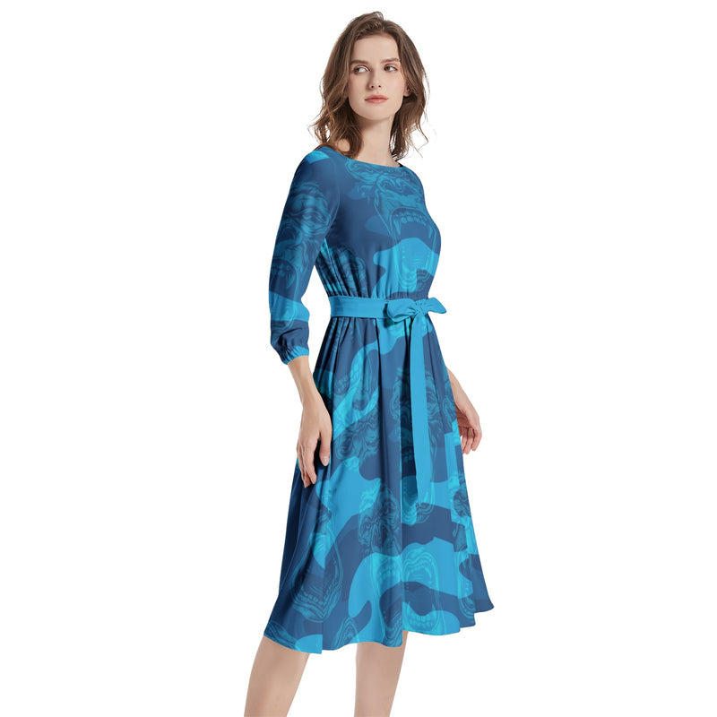 Boat Neck Belted Flared Dress - Objet D'Art