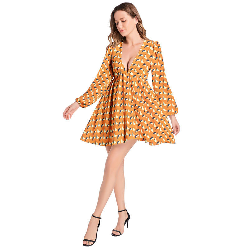 Lantern Sleeve Deep V-Neck Short Dress - Objet D'Art