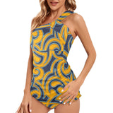 scroll turmeric blue stroke print Women's One Shoulder Backless Swimsuit (Model S44) - Objet D'Art