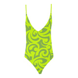 neon green scroll print 2 Sexy Lacing Backless One-Piece Swimsuit (Model S10) - Objet D'Art