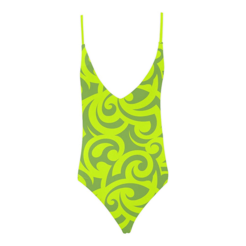 neon green scroll print 2 Sexy Lacing Backless One-Piece Swimsuit (Model S10) - Objet D'Art