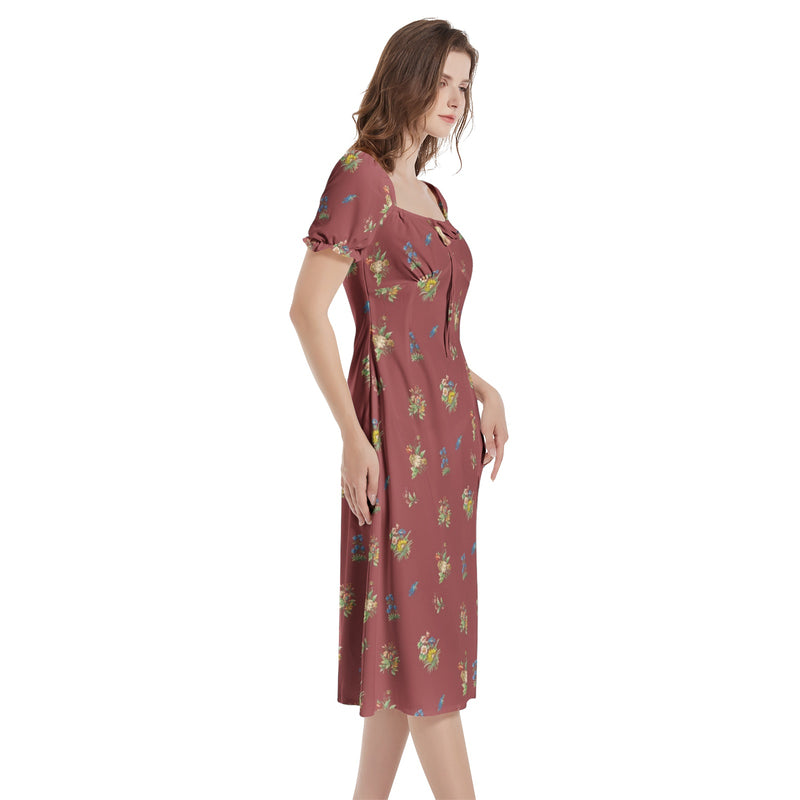 Puff Sleeve Split Thigh Midi Dress - Objet D'Art