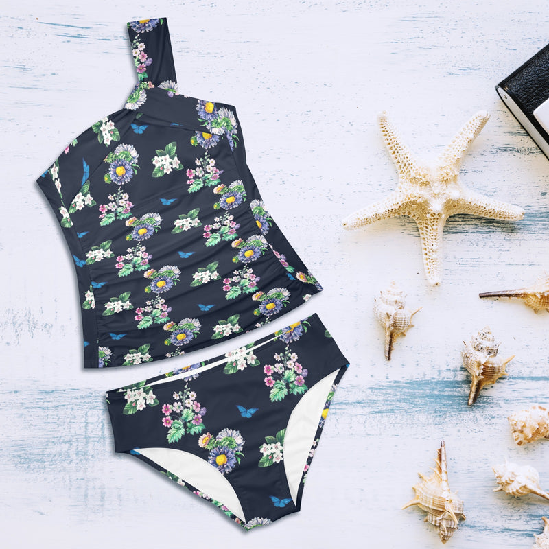 floral blue print 5 Women's One Shoulder Backless Swimsuit (Model S44) - Objet D'Art