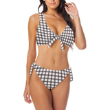 grid red gray print 2 Bow Tie Front Bikini Swimsuit (Model S38) - Objet D'Art