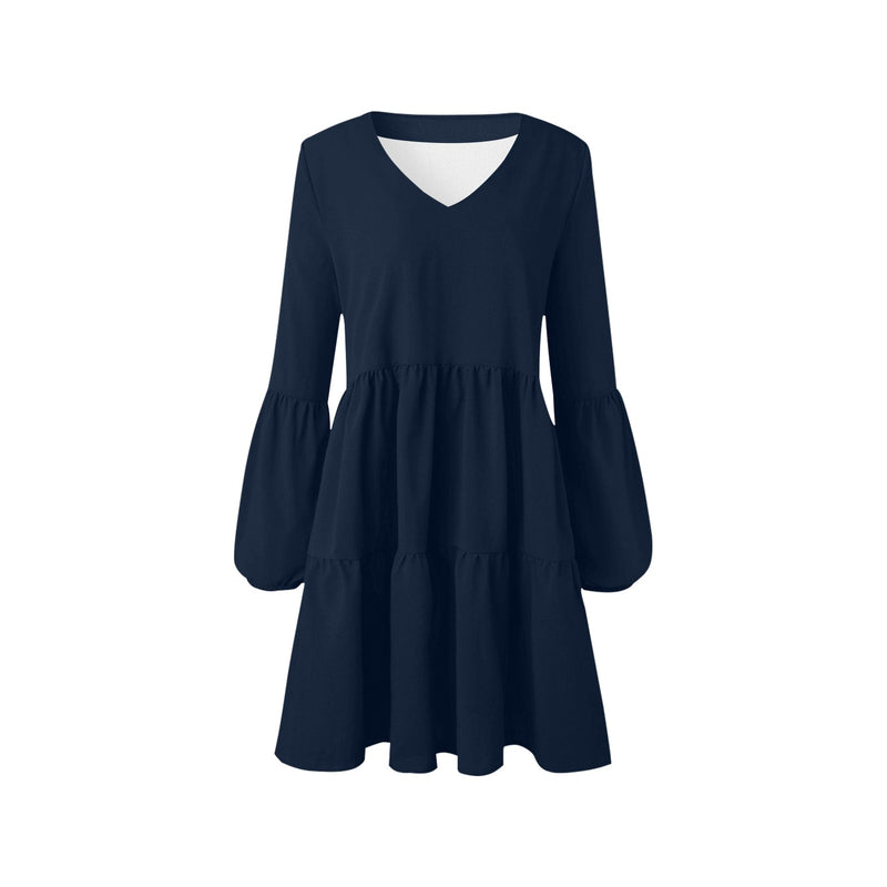 navy blue 2 print 4 V-Neck Loose Fit Dress (Model D62) - Objet D'Art