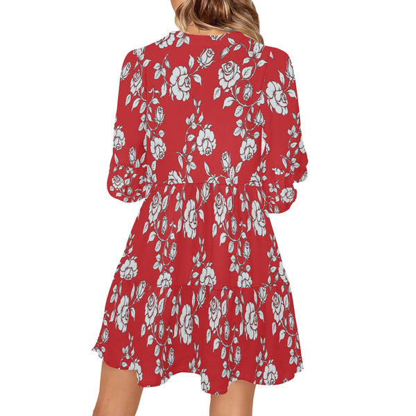 white rose on red print 2a V-Neck Loose Fit Dress (Model D62) - Objet D'Art
