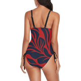 red blue leaf print 2 Drawstring Side One-Piece Swimsuit (Model S14) - Objet D'Art