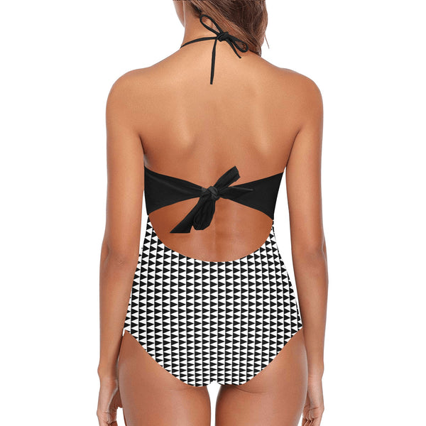 black solid print skirt Lace Band Embossing Swimsuit (Model S15) - Objet D'Art