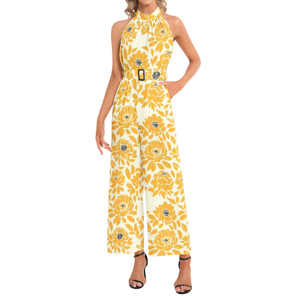 Halter Neck Buckle Belted Jumpsuit - Objet D'Art