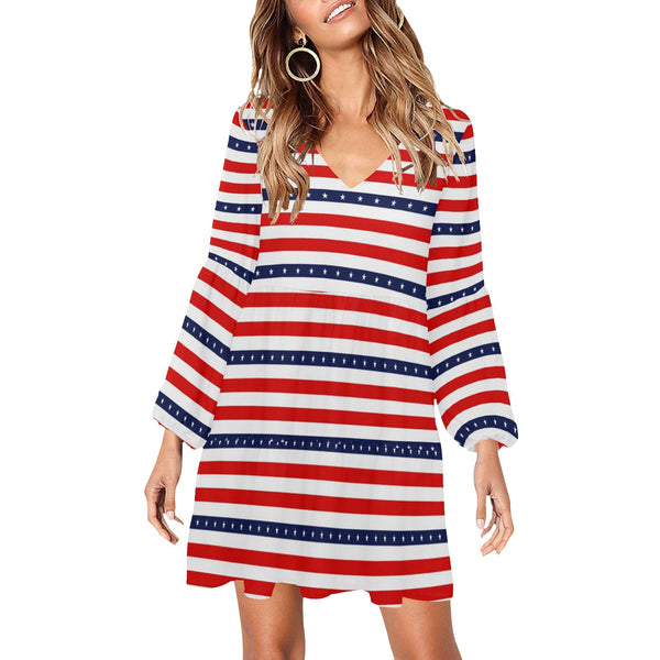americana stars and stripes striped print 2 V-Neck Loose Fit Dress (Model D62) - Objet D'Art