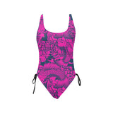 fuchsia pisces print 2 Drawstring Side One-Piece Swimsuit (Model S14) - Objet D'Art