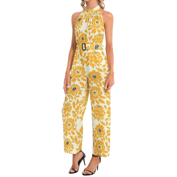 Halter Neck Buckle Belted Jumpsuit - Objet D'Art