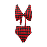 red black diamond print 2 Chest Bowknot Bikini Swimsuit (Model S33) - Objet D'Art