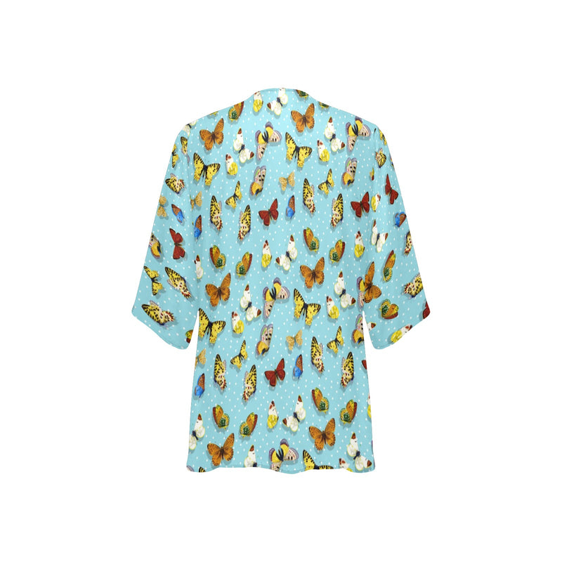 butterfly polkadots print Women's Kimono Chiffon Cover Up (Model H51)
