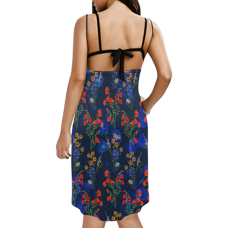 red gold blue floral print 2 Spaghetti Strap Backless Beach Cover Up Dress (Model D65) - Objet D'Art