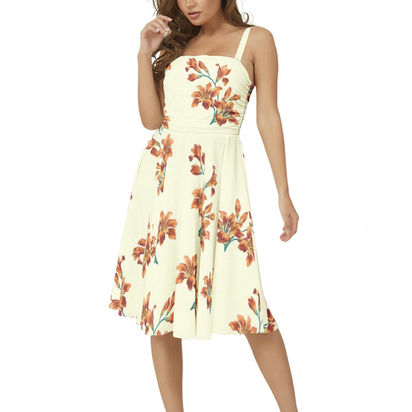 Tiger Lily Print Sleeveless Square Neck Flare Hem Midi Dress - Objet D'Art