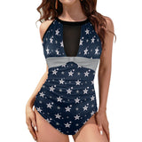 kemp logoed swimsuit gray print Women's High Neck Plunge Mesh Ruched Swimsuit (S43) - Objet D'Art
