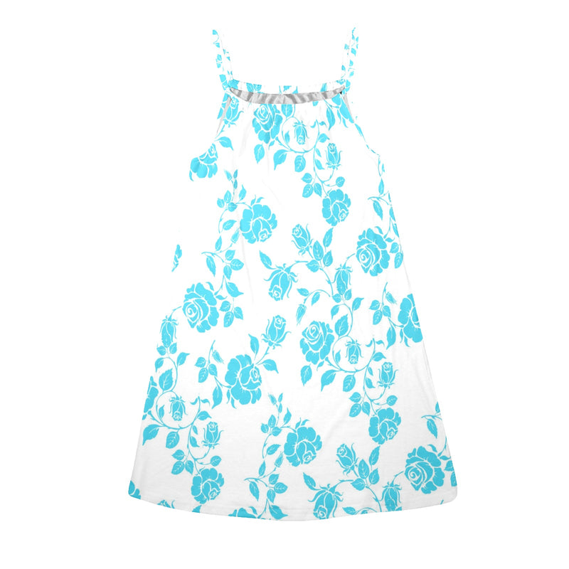 blue rose print Drawstring Neck Sleeveless Dress (Model D68) - Objet D'Art