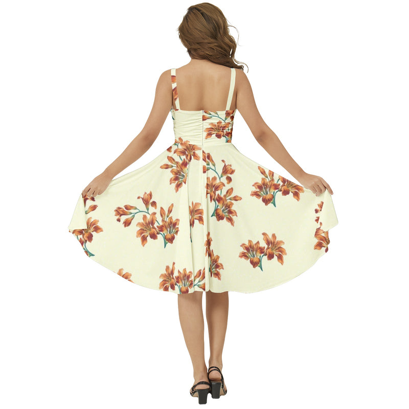 Tiger Lily Print Sleeveless Square Neck Flare Hem Midi Dress - Objet D'Art