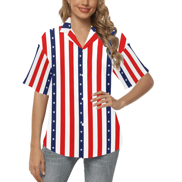 stars and stripes striped print 3 All Over Print Hawaiian Shirt for Women (Model T58) - Objet D'Art